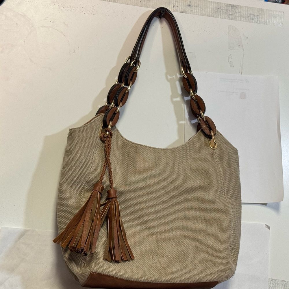 Tan and Brown Leather Trim Shoulder Bag with Tassels modern by LA DIVA
